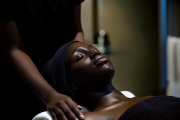 Wall Mural - Portrait of a young African-American woman receiving massage at a spa