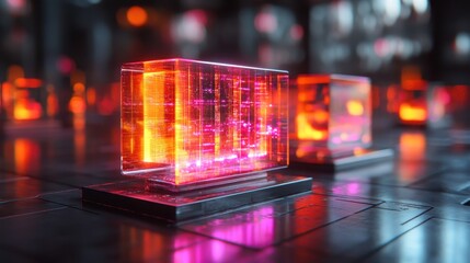 Poster - Glowing data cubes in futuristic setting; tech concept
