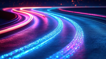 Poster - Neon light trails curve on dark road, abstract background, futuristic concept, tech design