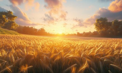 Sticker - Golden wheat field swaying gently in the wind under a soft summer sunset, evoking peace and rural charm