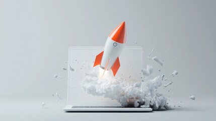 Poster - Startup concept with rocket flying out of laptop screen on grey background. 3D Rendering