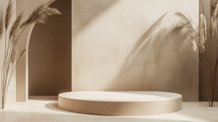 Aufkleber - This artistic composition features a smooth beige podium set against a soft brown backdrop. Subtle textures and shadows create an inviting atmosphere, ideal for showcasing products