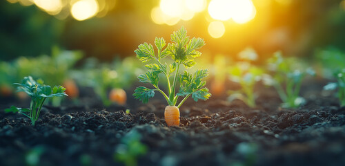 Wall Mural - A carrot is growing in a garden with other vegetables. The carrot is small and is surrounded by dirt