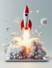 Poster - Start up concept with abstract rocket launching from tablet screen on light grey background. 3D Rendering