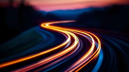 Poster - Long exposure light trails on winding mountain road at dusk create glowing orange and red streaks against dark blue twilight sky, capturing motion and speed.