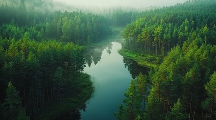 Poster - A stunning aerial view showcases a vibrant green summer forest filled with towering spruce and pine trees
