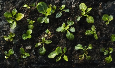 Fresh vegetable seedlings sprouting in rich soil, detailed close-up of delicate leaves and earthy textures, organic farming theme, vibrant natural colors
