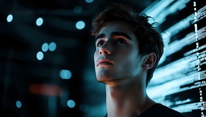Poster - Young Caucasian male in profile against dark background with blue neon lights and digital data streams, representing technology and cybersecurity concepts in modern setting.