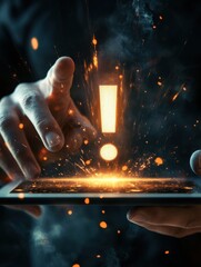Poster - Digital protection concept with digital exclamation point and man finger touching digital tablet.