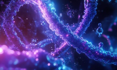 Wall Mural - futuristic dna model glowing in neon blue and purple hues, surrounded by floating molecular structur