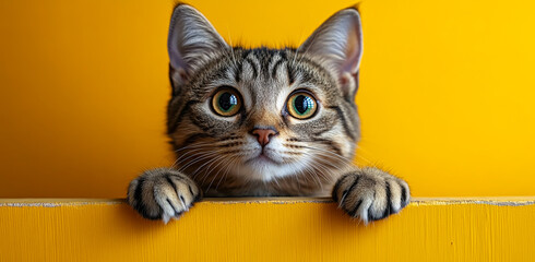  A cat is looking at the camera with its eyes wide open. The cat is standing on a yellow surface and he is curious about its surroundings