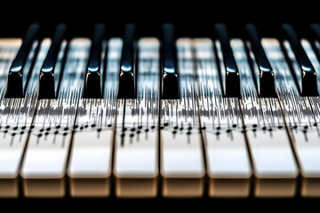 Poster - Black and White Piano Keys Blend With Soundwaves for Striking Visual Harmony