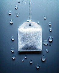 Poster - Chilled Tea Bag Resting on a Clean Surface With Droplets Reflecting Freshness and Minimalism