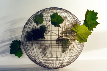 Poster - Wireframe Globe Adorned With Vibrant Leaves Symbolizes Sustainability and Minimalism