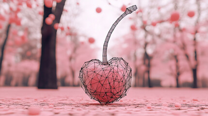 Aufkleber - Delicate Wireframe Cherry Floats Gracefully in a Pastel Dreamscape Filled With Soft Hues