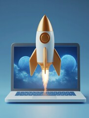 Poster - Launching rocker on laptop screen. Blue background. Online start up concept. 3D Renderin.