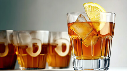 Poster - Refreshing Iced Tea Served in a Clear Glass With Lemon Slice and Ice on a Bright Surface