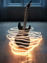 Poster - Electric Guitar Radiates Vibrant Sound Waves in a Minimalist Setting