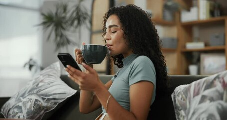 Poster - Coffee, smile and woman with smartphone, home and laughing at social media post, online and relax. Living room, drinking and person with mobile for entertainment, funny and reading of blog in house