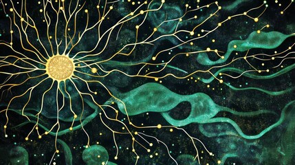 Poster - Abstract Neural Network: Golden Connections on Emerald and Dark Ground