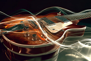 Poster - Electric Guitar Emanates Vibrant Sound Waves in a Minimalist Setting, Blending Rock and Blues Vibes