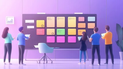 Poster - Office time management icons cartoon set. Workflow optimization. Coworkers brainstorming. Kanban board, dedicated team, coworking metaphors. Vector isolated concept metaphor illustrations