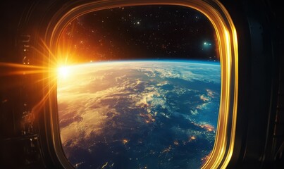 Wall Mural - spacecraft window framing the glowing earth with dazzling clarity, capturing the wonder and beauty o