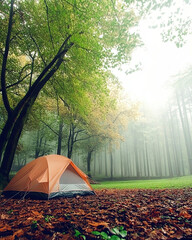 Poster - Brightly Colored Tent Stands Alone in a Serene Forest Clearing Blanketed by Morning Mist