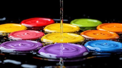 Poster - Colorful paint drops falling on water, abstract art, dark background, studio shot, creative design