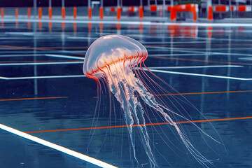 Aufkleber - Translucent Jellyfish Gliding Gracefully Through Deep Blue Waters Illuminated by a Soft Glow