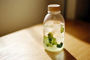 Poster - Refreshing Mint Tea Infused With Ice Cubes on a Wooden Surface Illuminated by Soft Sunlight