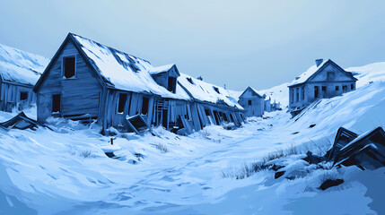 A haunting image of an abandoned soviet-era ghost town buried in snow in svalbard, norway, svalbard ghost town snow scene. Ghost Towns & Abandoned Places. Illustration