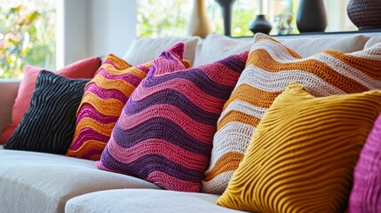 Poster - Luxurious home decor pillows with vibrant knitted textures are beautifully arranged on a sofa, adding warmth and style to a living space. Various patterns create an inviting atmosphere