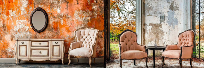 Poster - Vintage Elegance Meets Rustic Charm in a Bucolic Setting With Exquisite Furniture and Decor