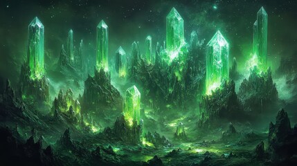 Wall Mural - Glowing green crystal city, alien landscape, night sky, fantasy art, game background