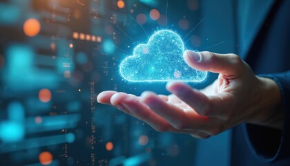 Leinwandbilder - Person interacts futuristic holographic display tech. Cloud computing network displayed. High-tech environment. Person touches screen. Innovation and collaboration tech. Future tech concepts.