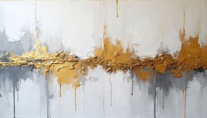 Poster - Abstract art piece with white, gold colors. Oil paint, paste structure creates textured effect. Gray tones mixed with white, gold accents. Modern art piece. Decorative, stylish. Dynamic, creative