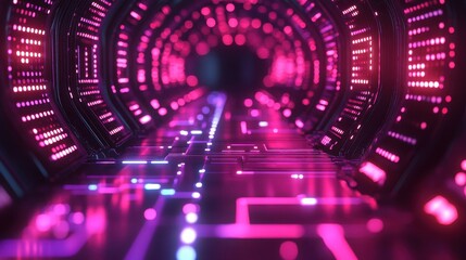 Poster - Futuristic pink tunnel, glowing circuit path.  Sci-fi background. Tech concept