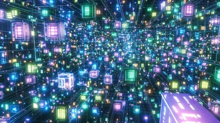 Poster - Abstract Technological Background with Glowing Cubes and Interconnected Lines