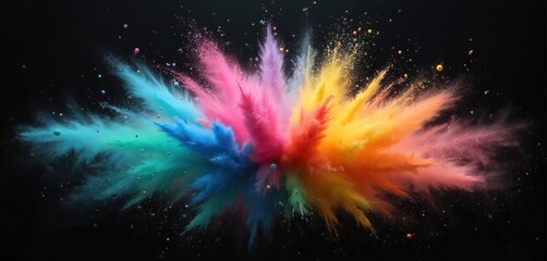 Poster - Colorful explosion of vibrant chalk dust. Rainbow colors burst outward on black backdrop. Colorful particles of chalk dust create dynamic effect. Abstract art captures moment of explosion. Perfect