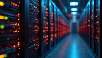Poster - Server racks lined up in tech room. Colorful glowing lights indicate activity within computer hardware. Interior of data center shows advanced tech equipment, infrastructure. Network connections,