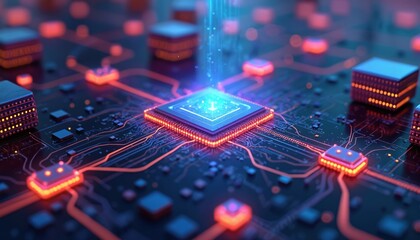 Poster - digital circuit board with glowing tech components. advanced tech components arranged in complex pat