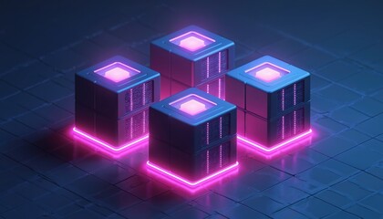 Leinwandbilder - futuristic server room displays big data processing tech. isometric view shows datacenter units with