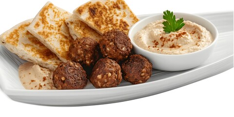 Mediterranean Mezze Platter: A delectable spread of flavorful meatball, creamy hummus, and toasted pita bread, presented on an elegant white platter. Perfect for a light meal or appetizer. 