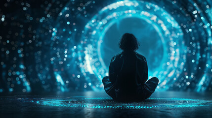 Wall Mural - portal to the unknown: a lone figure sits in a meditative pose before a mesmerizing, swirling blue p