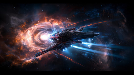 Wall Mural - starship in warp: a sleek, futuristic spaceship hurtles through the cosmos, its engines ablaze with 