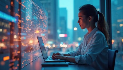 Poster - Woman works on laptop late at night in city office. Data processing visible on screen behind. Focuses on tech. Modern global business concept. Digital interface. Teamwork collaboration. Innovation.