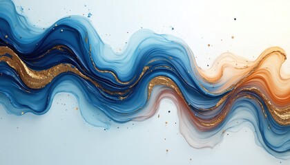 Poster - Abstract design with blue, gold paint swirls. Fluid art effect. Waves of color on white background. Luxury look. Modern, vibrant. Ideal for wallpaper, banners, invitations. Beautiful mix of colors,