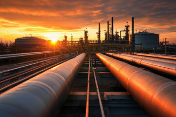 Aufkleber - Sunset over industrial pipes and refineries in operation