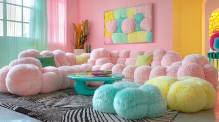 Poster - Bright and cheerful living room filled with fluffy pastel pink seating. Colorful accents and soft textures create a fun, inviting atmosphere perfect for relaxation and social gatherings